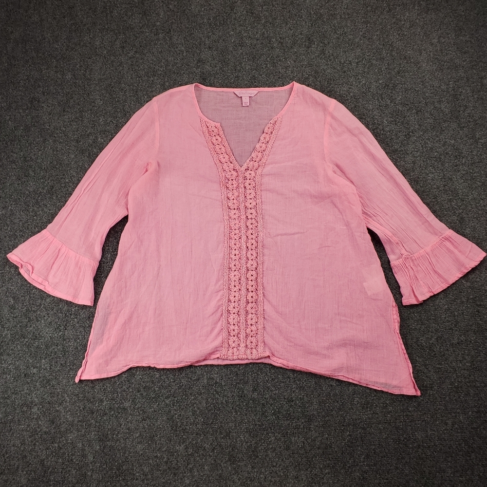 Lilly Pulitzer Luci Tunic Blouse Top Pink Pout Cotton Laced V Neck Shirt Small